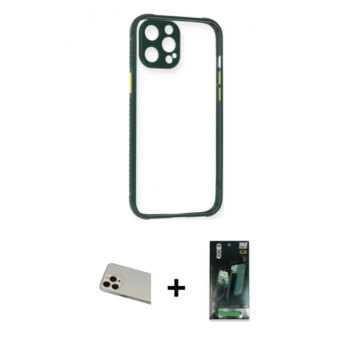 MARSİLYAN™- iPhone 12 Pro Kılıf Nova Asil Özel Seri - Şeffaf 360 Full Body Arka Koruyucu + Rainbow Kamera Lens Koruma Cam - GD