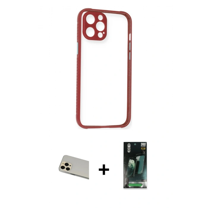 MARSİLYAN™- iPhone 12 Pro Kılıf Nova Asil Özel Seri - Şeffaf 360 Full Body Arka Koruyucu + Rainbow Kamera Lens Koruma Cam - GD