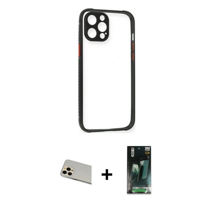 MARSİLYAN™- iPhone 12 Pro Kılıf Nova Asil Özel Seri - Şeffaf 360 Full Body Arka Koruyucu + Rainbow Kamera Lens Koruma Cam - GD