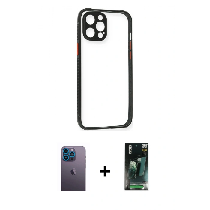 MARSİLYAN™- iPhone 12 Pro Kılıf Nova Asil Özel Seri - Şeffaf 360 Full Body Arka Koruyucu + Neon Fosforlu Kamera Lens - MI