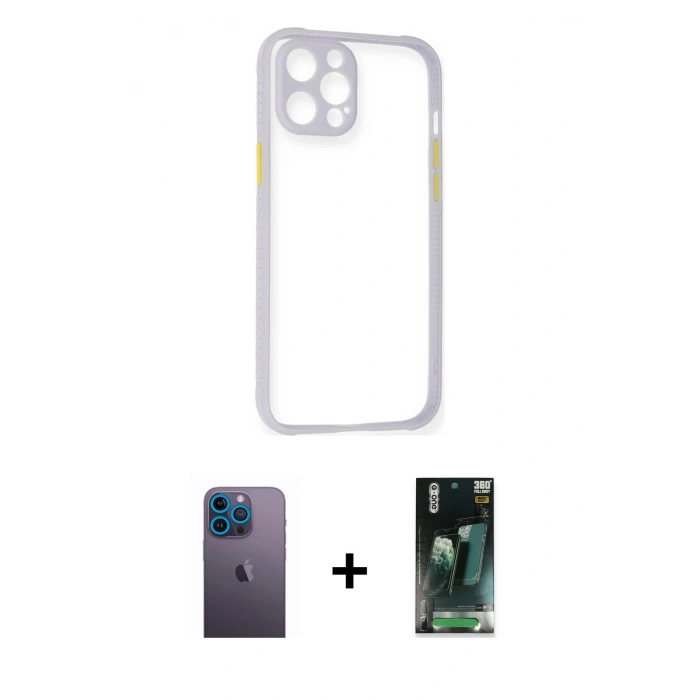 MARSİLYAN™- iPhone 12 Pro Kılıf Nova Asil Özel Seri - Şeffaf 360 Full Body Arka Koruyucu + Neon Fosforlu Kamera Lens - MI