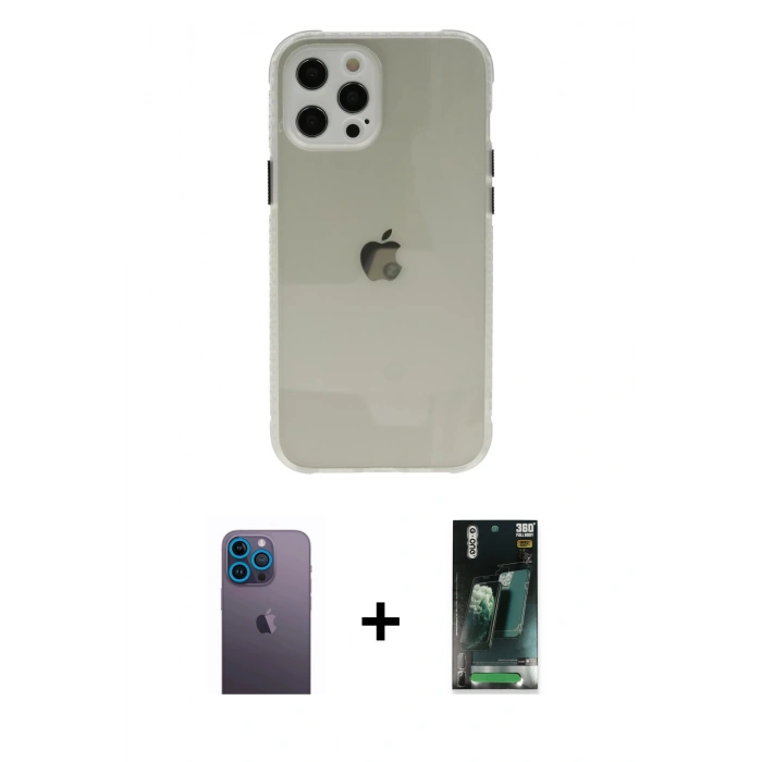 MARSİLYAN™- iPhone 12 Pro Kılıf Nova Asil Özel Seri - Şeffaf 360 Full Body Arka Koruyucu + Neon Fosforlu Kamera Lens - MI