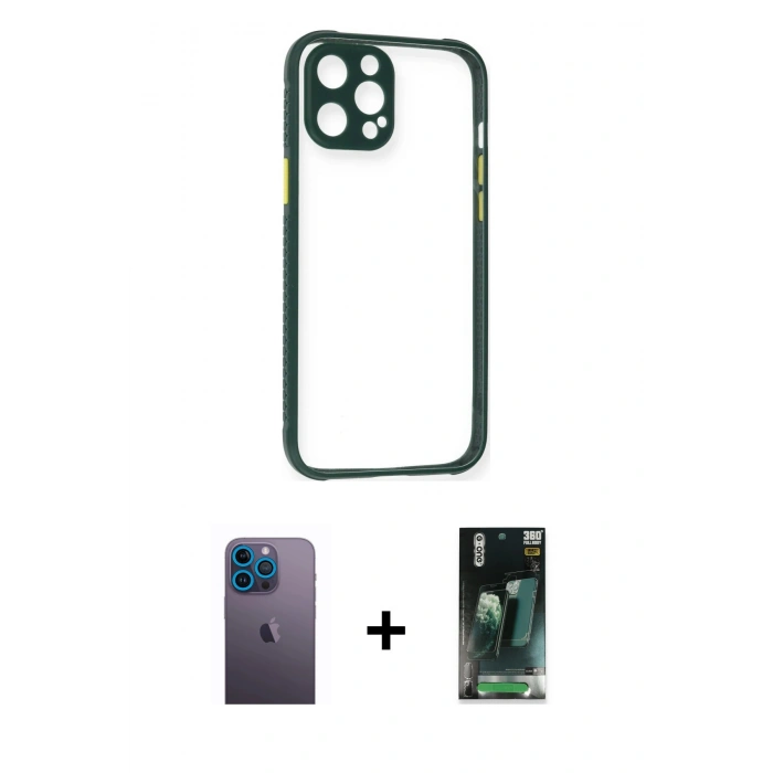 MARSİLYAN™- iPhone 12 Pro Kılıf Nova Asil Özel Seri - Şeffaf 360 Full Body Arka Koruyucu + Neon Fosforlu Kamera Lens - MI