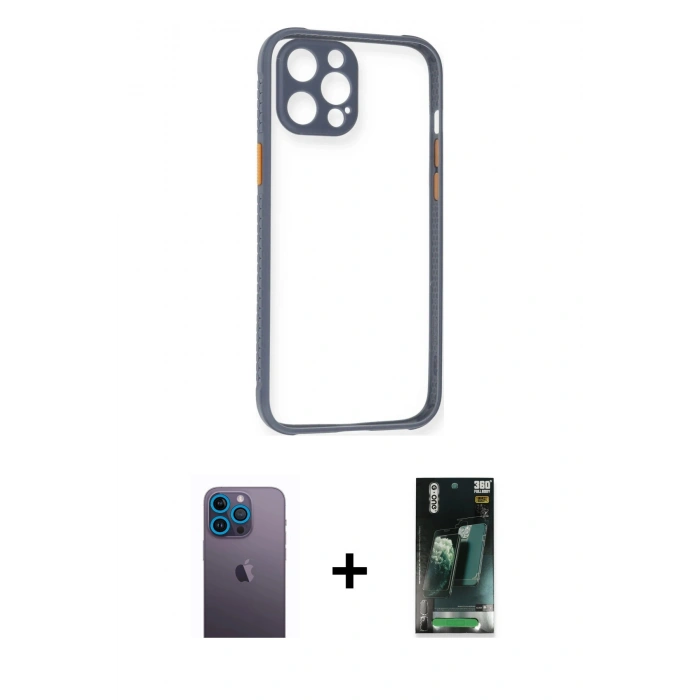 MARSİLYAN™- iPhone 12 Pro Kılıf Nova Asil Özel Seri - Şeffaf 360 Full Body Arka Koruyucu + Neon Fosforlu Kamera Lens - MI