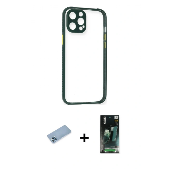 MARSİLYAN™- iPhone 12 Pro Kılıf Nova Asil Özel Seri - Şeffaf 360 Full Body Arka Koruyucu + Mavi Shine Kamera Lens Koruma Cam