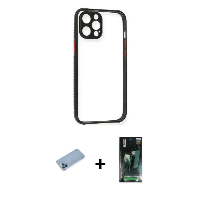 MARSİLYAN™- iPhone 12 Pro Kılıf Nova Asil Özel Seri - Şeffaf 360 Full Body Arka Koruyucu + Mavi Shine Kamera Lens Koruma Cam