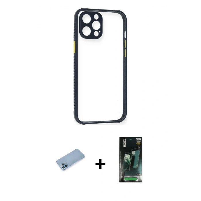 MARSİLYAN™- iPhone 12 Pro Kılıf Nova Asil Özel Seri - Şeffaf 360 Full Body Arka Koruyucu + Mavi Shine Kamera Lens Koruma Cam