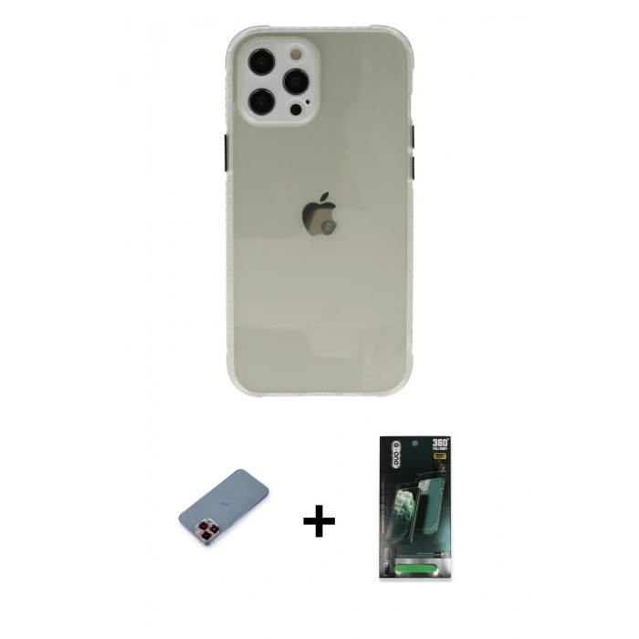 MARSİLYAN™- iPhone 12 Pro Kılıf Nova Asil Özel Seri - Şeffaf 360 Full Body Arka Koruyucu + Metal Kamera Lens Koruma Cam - KI