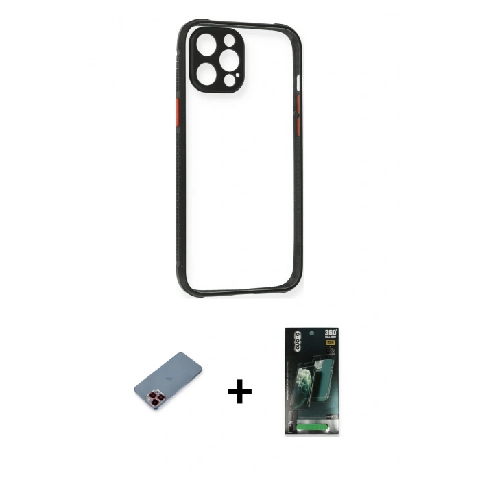 MARSİLYAN™- iPhone 12 Pro Kılıf Nova Asil Özel Seri - Şeffaf 360 Full Body Arka Koruyucu + Metal Kamera Lens Koruma Cam - KI