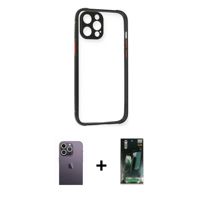 MARSİLYAN™- iPhone 12 Pro Kılıf Nova Asil Özel Seri - Şeffaf 360 Full Body Arka Koruyucu + Neon Fosforlu Kamera Lens - BZ