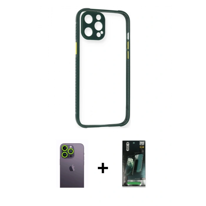 MARSİLYAN™- iPhone 12 Pro Kılıf Nova Asil Özel Seri - Şeffaf 360 Full Body Arka Koruyucu + Neon Fosforlu Kamera Lens - YL