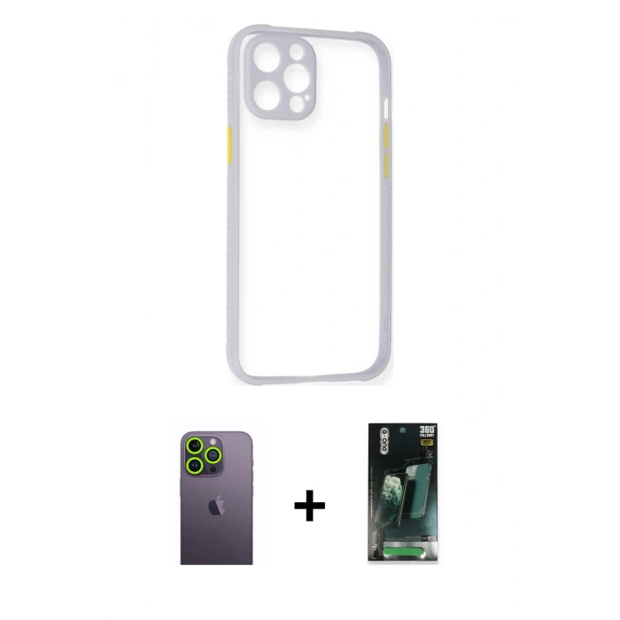 MARSİLYAN™- iPhone 12 Pro Kılıf Nova Asil Özel Seri - Şeffaf 360 Full Body Arka Koruyucu + Neon Fosforlu Kamera Lens - YL