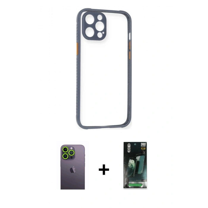MARSİLYAN™- iPhone 12 Pro Kılıf Nova Asil Özel Seri - Şeffaf 360 Full Body Arka Koruyucu + Neon Fosforlu Kamera Lens - YL