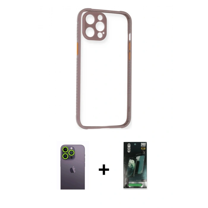 MARSİLYAN™- iPhone 12 Pro Kılıf Nova Asil Özel Seri - Şeffaf 360 Full Body Arka Koruyucu + Neon Fosforlu Kamera Lens - YL