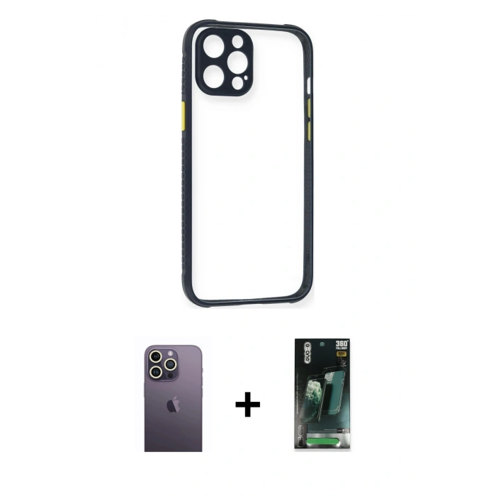 MARSİLYAN™- iPhone 12 Pro Kılıf Nova Asil Özel Seri - Şeffaf 360 Full Body Arka Koruyucu + Neon Fosforlu Kamera Lens - BZ
