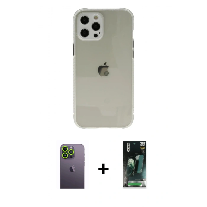MARSİLYAN™- iPhone 12 Pro Kılıf Nova Asil Özel Seri - Şeffaf 360 Full Body Arka Koruyucu + Neon Fosforlu Kamera Lens - YL