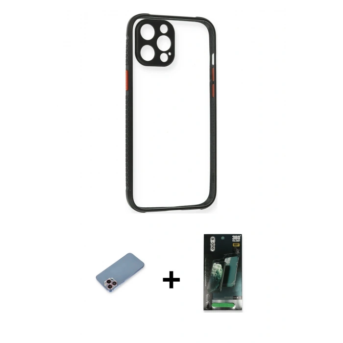 MARSİLYAN™- iPhone 12 Pro Kılıf Nova Asil Özel Seri - Şeffaf 360 Full Body Arka Koruyucu + Pembe Shine Kamera Lens Koruma Cam