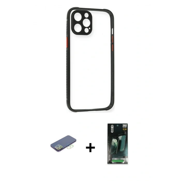 MARSİLYAN™- iPhone 12 Pro Kılıf Nova Asil Özel Seri - Şeffaf 360 Full Body Arka Koruyucu + Renkli Kamera Lens Koruma Cam - YL