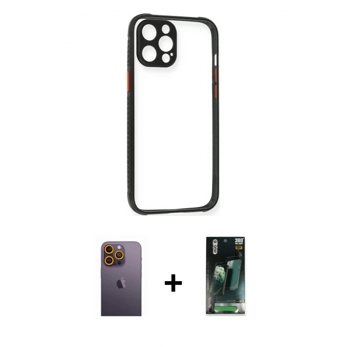 MARSİLYAN™- iPhone 12 Pro Kılıf Nova Asil Özel Seri - Şeffaf 360 Full Body Arka Koruyucu + Neon Fosforlu Kamera Lens - SI