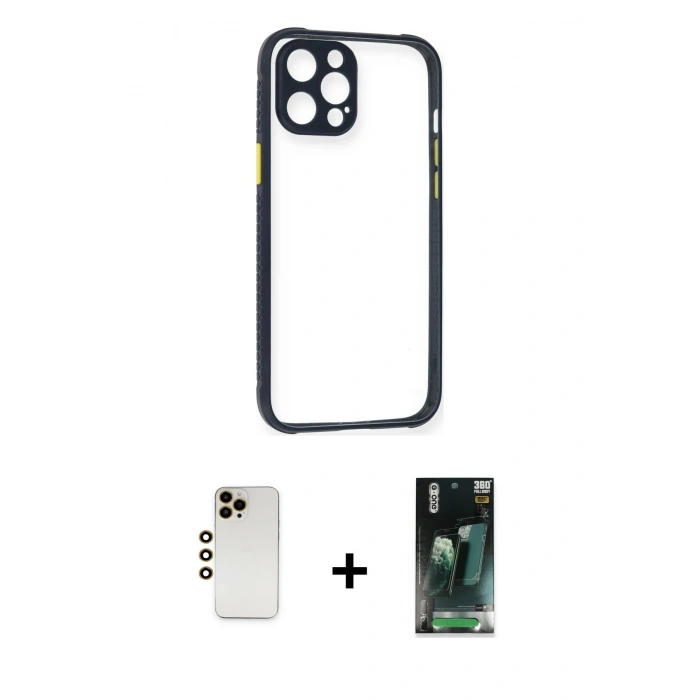 MARSİLYAN™- iPhone 12 Pro Kılıf Nova Asil Özel Seri - Şeffaf 360 Full Body Arka Koruyucu + Shine Kamera Lens - GD