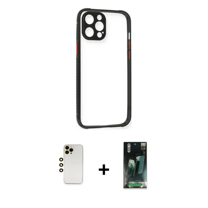 MARSİLYAN™- iPhone 12 Pro Kılıf Nova Asil Özel Seri - Şeffaf 360 Full Body Arka Koruyucu + Shine Kamera Lens - GD