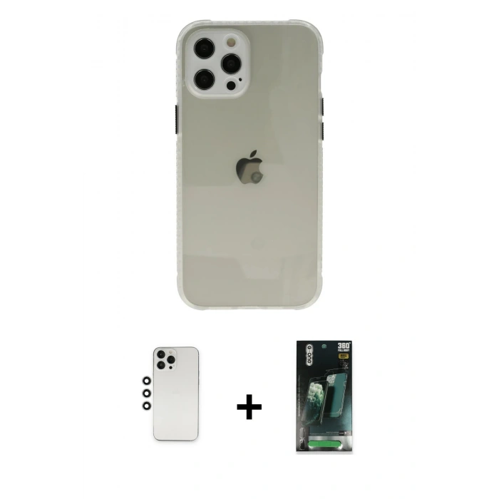 MARSİLYAN™- iPhone 12 Pro Kılıf Nova Asil Özel Seri - Şeffaf 360 Full Body Arka Koruyucu + Shine Kamera Lens - GS