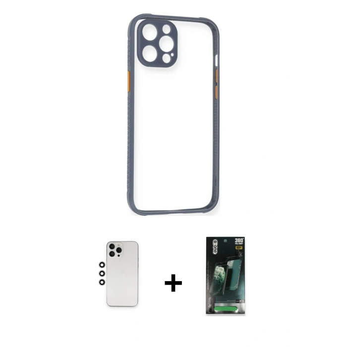 MARSİLYAN™- iPhone 12 Pro Kılıf Nova Asil Özel Seri - Şeffaf 360 Full Body Arka Koruyucu + Shine Kamera Lens - GS