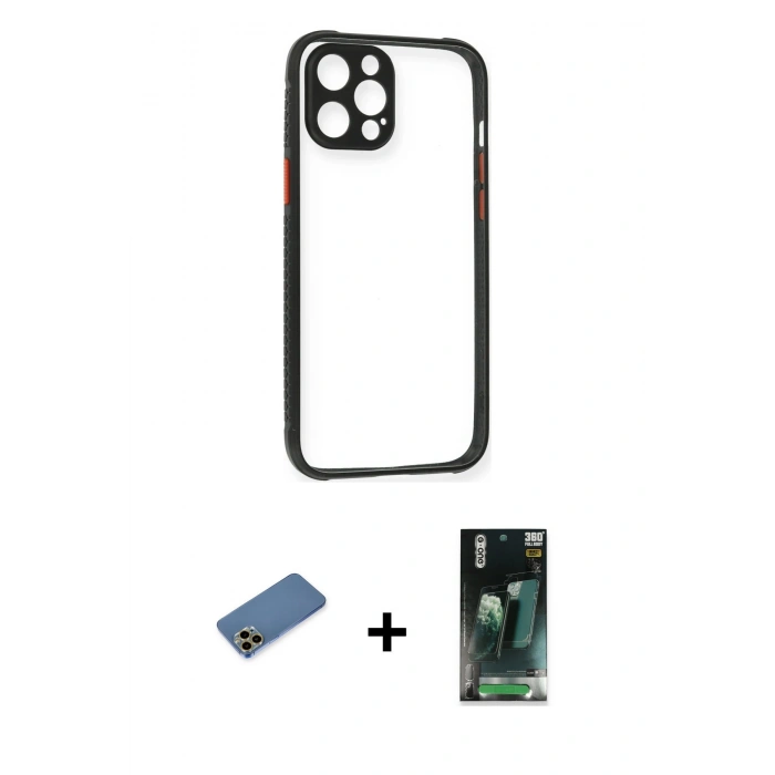 MARSİLYAN™- iPhone 12 Pro Kılıf Nova Asil Özel Seri - Şeffaf 360 Full Body Arka Koruyucu + Shine Kamera Lens Koruma Cam - GD