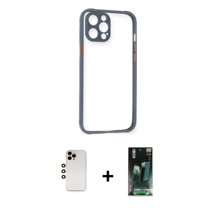 MARSİLYAN™- iPhone 12 Pro Kılıf Nova Asil Özel Seri - Şeffaf 360 Full Body Arka Koruyucu + Shine Kamera Lens - GD