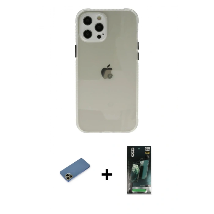 MARSİLYAN™- iPhone 12 Pro Kılıf Nova Asil Özel Seri - Şeffaf 360 Full Body Arka Koruyucu + Shine Kamera Lens Koruma Cam - GD