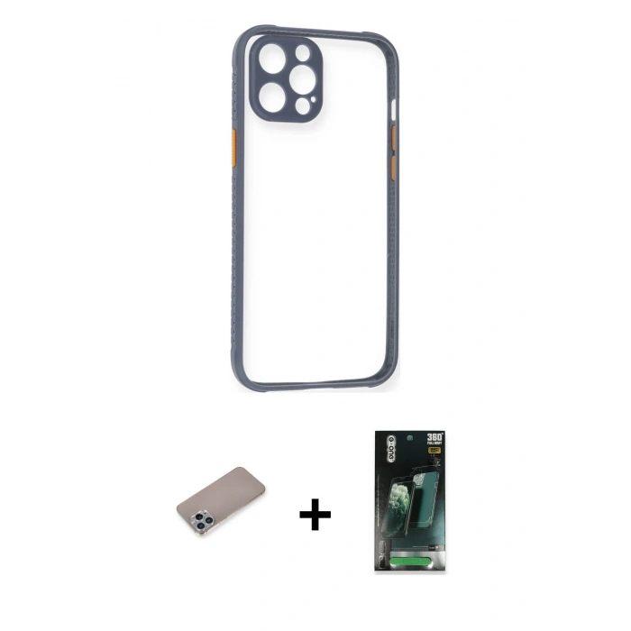 MARSİLYAN™- iPhone 12 Pro Kılıf Nova Asil Özel Seri - Şeffaf 360 Full Body Arka Koruyucu + Shine Kamera Lens Koruma Cam - SABE