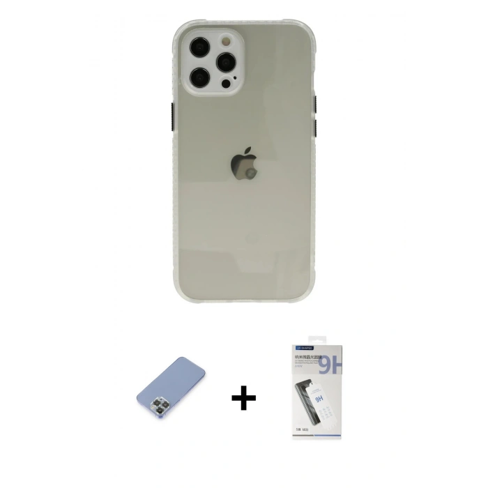 MARSİLYAN™- iPhone 12 Pro Kılıf Nova Asil Özel Seri - Şeffaf Uv Polymer Nano Ekran Koruyucu + Metal Kamera Lens Koruma Cam - KUYL