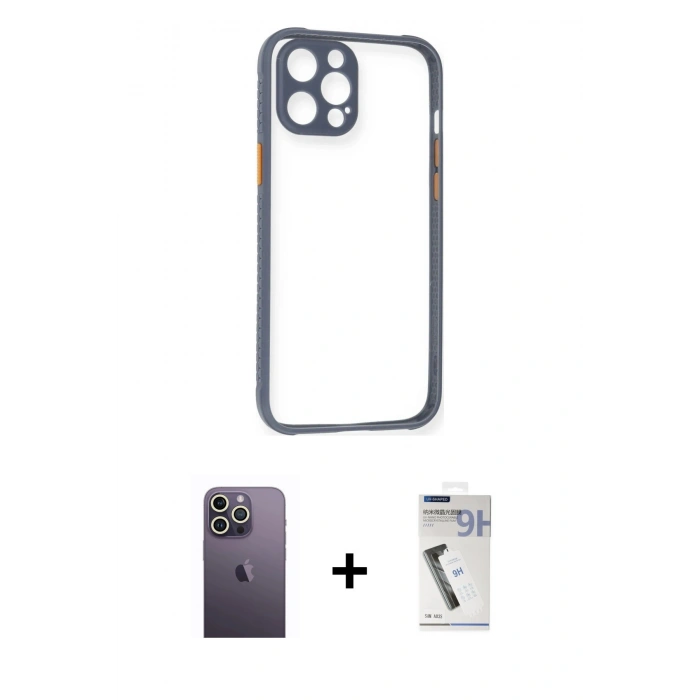 MARSİLYAN™- iPhone 12 Pro Kılıf Nova Asil Özel Seri - Şeffaf Uv Polymer Nano Ekran Koruyucu + Neon Fosforlu Kamera Lens - BZ