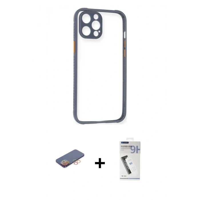 MARSİLYAN™- iPhone 12 Pro Kılıf Nova Asil Özel Seri - Şeffaf Uv Polymer Nano Ekran Koruyucu + Renkli Kamera Lens Koruma Cam - TU
