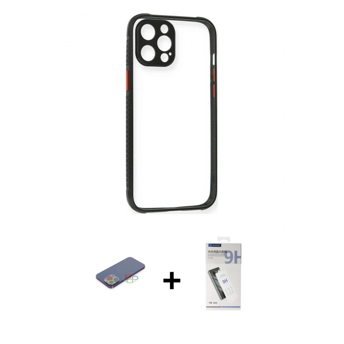MARSİLYAN™- iPhone 12 Pro Kılıf Nova Asil Özel Seri - Şeffaf Uv Polymer Nano Ekran Koruyucu + Renkli Kamera Lens Koruma Cam - MI
