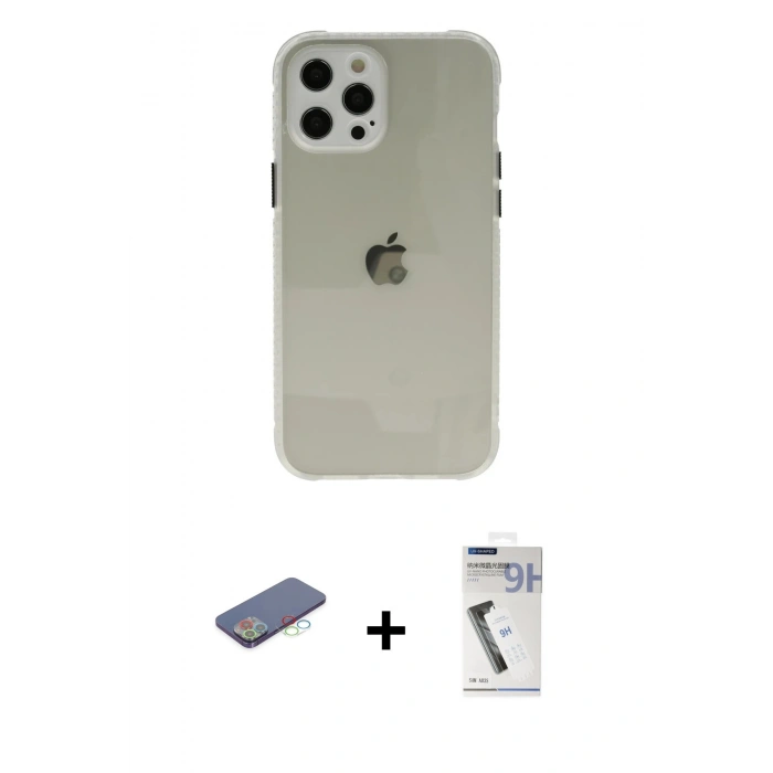 MARSİLYAN™- iPhone 12 Pro Kılıf Nova Asil Özel Seri - Şeffaf Uv Polymer Nano Ekran Koruyucu + Renkli Kamera Lens Koruma Cam - MI