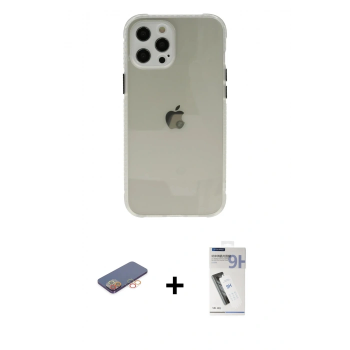 MARSİLYAN™- iPhone 12 Pro Kılıf Nova Asil Özel Seri - Şeffaf Uv Polymer Nano Ekran Koruyucu + Renkli Kamera Lens Koruma Cam - TU