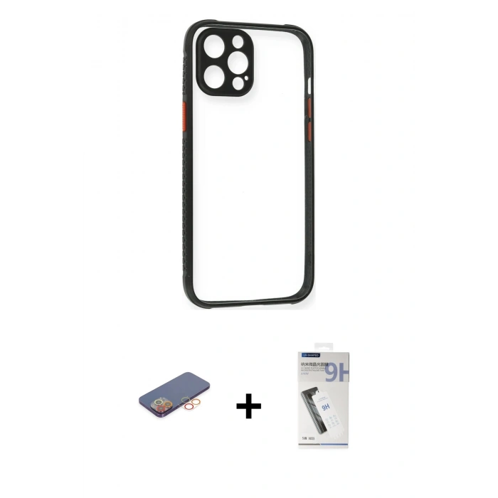 MARSİLYAN™- iPhone 12 Pro Kılıf Nova Asil Özel Seri - Şeffaf Uv Polymer Nano Ekran Koruyucu + Renkli Kamera Lens Koruma Cam - TU