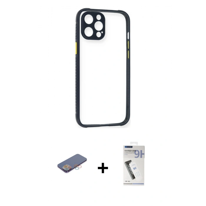 MARSİLYAN™- iPhone 12 Pro Kılıf Nova Asil Özel Seri - Şeffaf Uv Polymer Nano Ekran Koruyucu + Renkli Kamera Lens Koruma Cam - PE