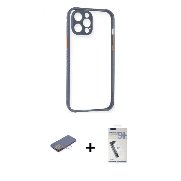 MARSİLYAN™- iPhone 12 Pro Kılıf Nova Asil Özel Seri - Şeffaf Uv Polymer Nano Ekran Koruyucu + Renkli Kamera Lens Koruma Cam - PE