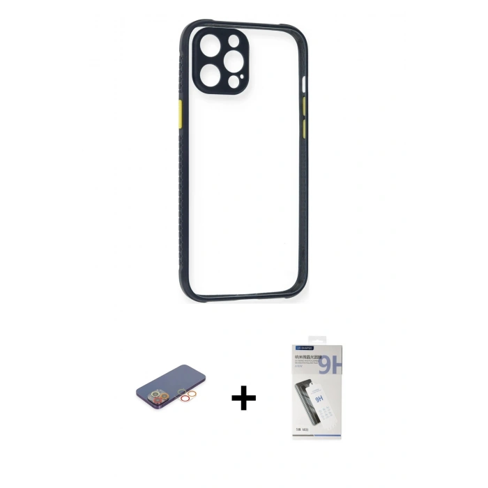 MARSİLYAN™- iPhone 12 Pro Kılıf Nova Asil Özel Seri - Şeffaf Uv Polymer Nano Ekran Koruyucu + Renkli Kamera Lens Koruma Cam - TU
