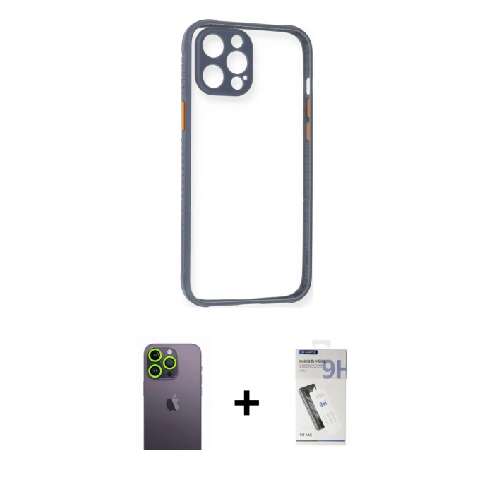 MARSİLYAN™- iPhone 12 Pro Kılıf Nova Asil Özel Seri - Şeffaf Uv Polymer Nano Ekran Koruyucu + Neon Fosforlu Kamera Lens - YL