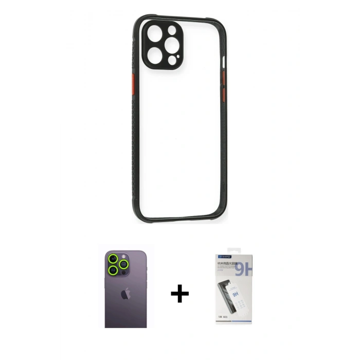 MARSİLYAN™- iPhone 12 Pro Kılıf Nova Asil Özel Seri - Şeffaf Uv Polymer Nano Ekran Koruyucu + Neon Fosforlu Kamera Lens - YL