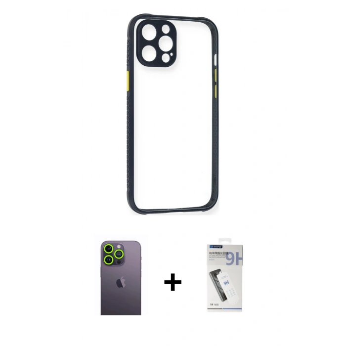 MARSİLYAN™- iPhone 12 Pro Kılıf Nova Asil Özel Seri - Şeffaf Uv Polymer Nano Ekran Koruyucu + Neon Fosforlu Kamera Lens - YL