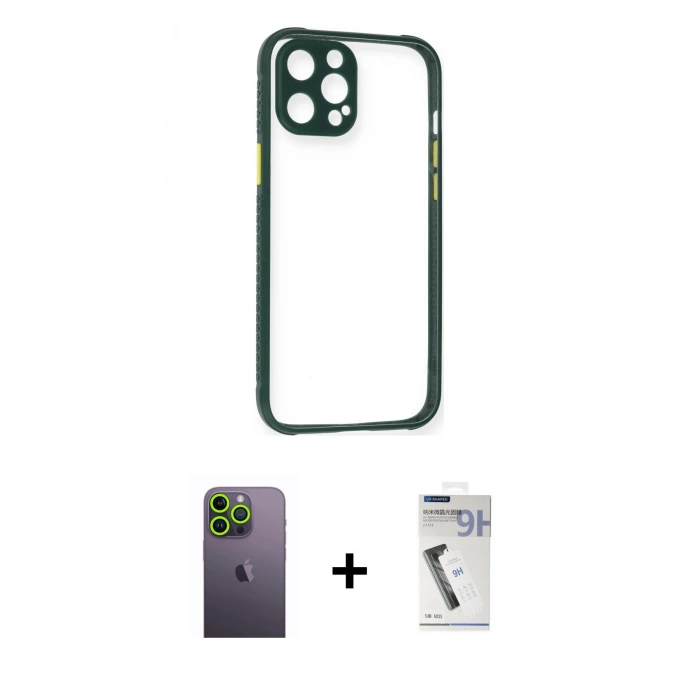 MARSİLYAN™- iPhone 12 Pro Kılıf Nova Asil Özel Seri - Şeffaf Uv Polymer Nano Ekran Koruyucu + Neon Fosforlu Kamera Lens - YL