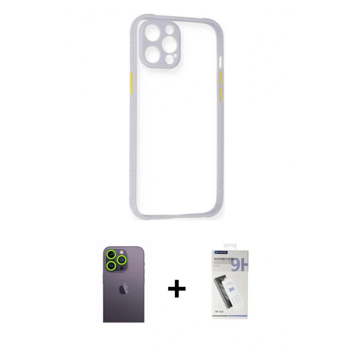 MARSİLYAN™- iPhone 12 Pro Kılıf Nova Asil Özel Seri - Şeffaf Uv Polymer Nano Ekran Koruyucu + Neon Fosforlu Kamera Lens - YL