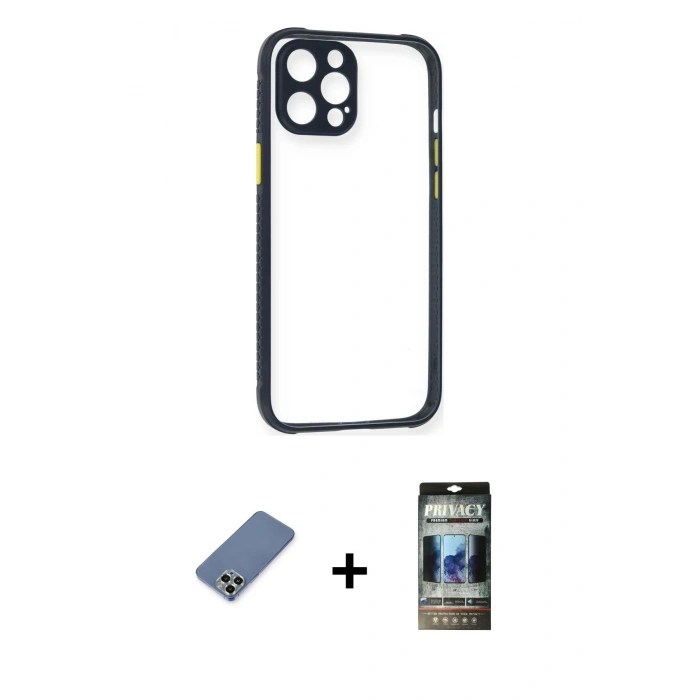 MARSİLYAN™- iPhone 12 Pro Kılıf Nova Asil Özel Seri - Siyah 34D Hayalet Izgaralı Cam + Metal Kamera Lens Koruma Cam - AKYL