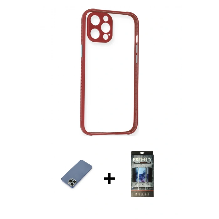 MARSİLYAN™- iPhone 12 Pro Kılıf Nova Asil Özel Seri - Siyah 34D Hayalet Izgaralı Cam + Metal Kamera Lens Koruma Cam - AKYL