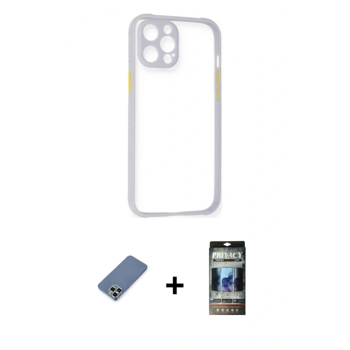 MARSİLYAN™- iPhone 12 Pro Kılıf Nova Asil Özel Seri - Siyah 34D Hayalet Izgaralı Cam + Metal Kamera Lens Koruma Cam - AKYL