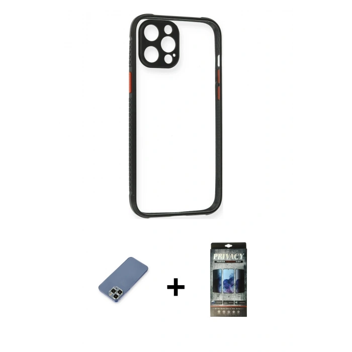 MARSİLYAN™- iPhone 12 Pro Kılıf Nova Asil Özel Seri - Siyah 34D Hayalet Izgaralı Cam + Metal Kamera Lens Koruma Cam - AKYL